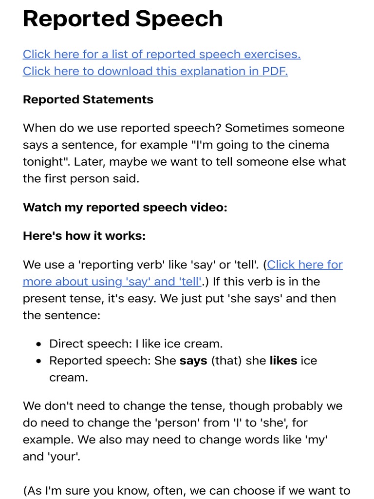 Reported Speech PDF | PDF | Question | Verb
