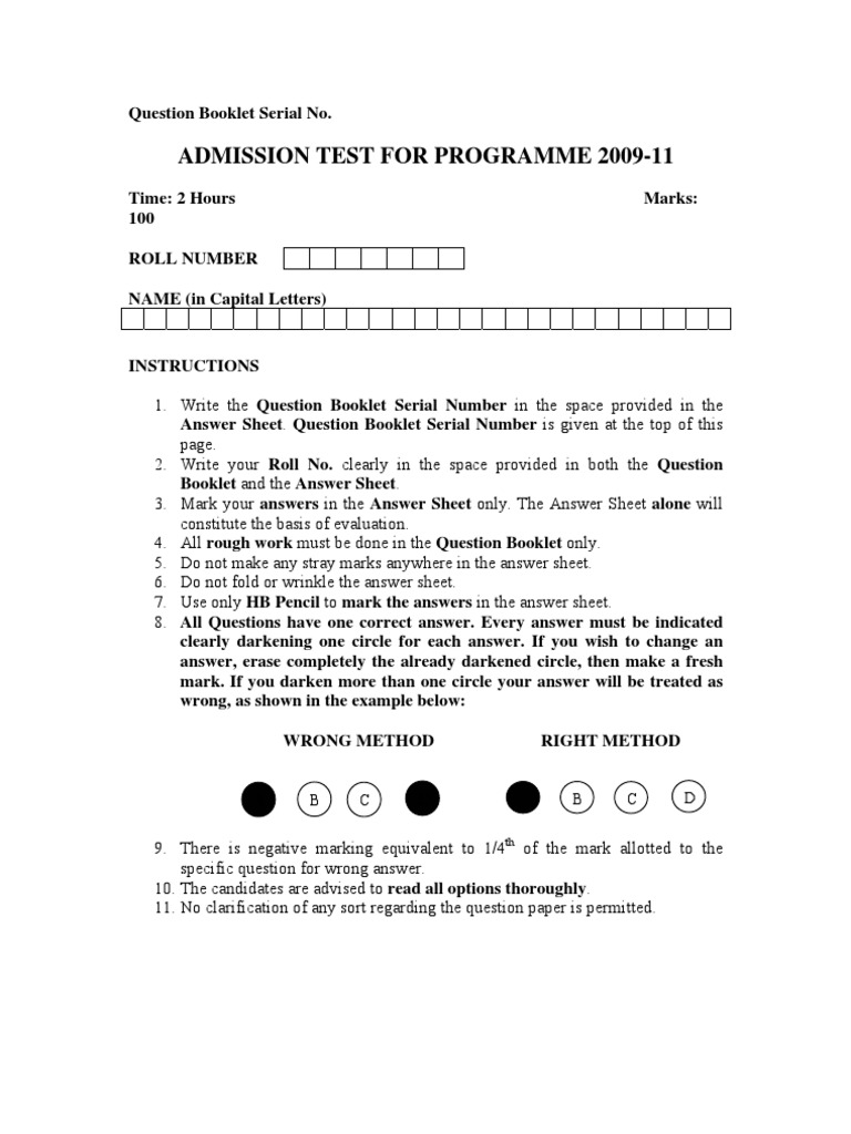 Admission Test Question Booklet 2009-11 | PDF | Inventory | Question