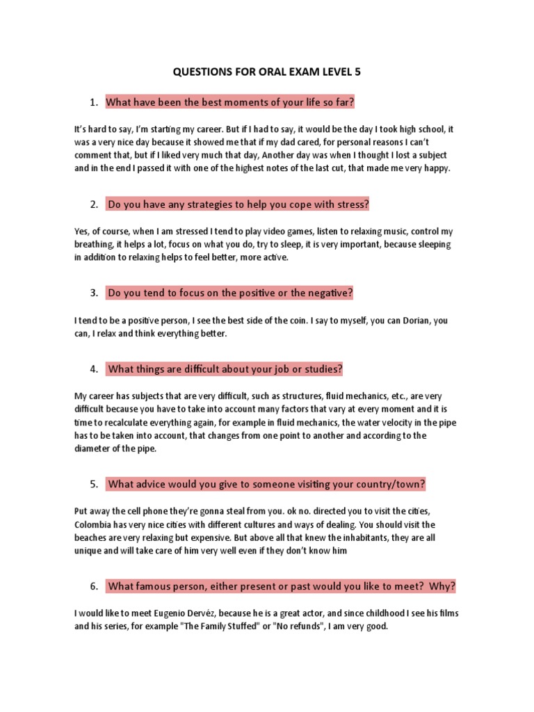 Level 5 Oral Exam Questions | PDF | English Language | Psychological ...