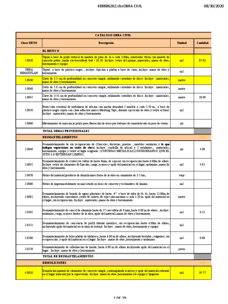 1 - Catalogo de Conceptos - El Bejuco PDF Demolición Hormigón