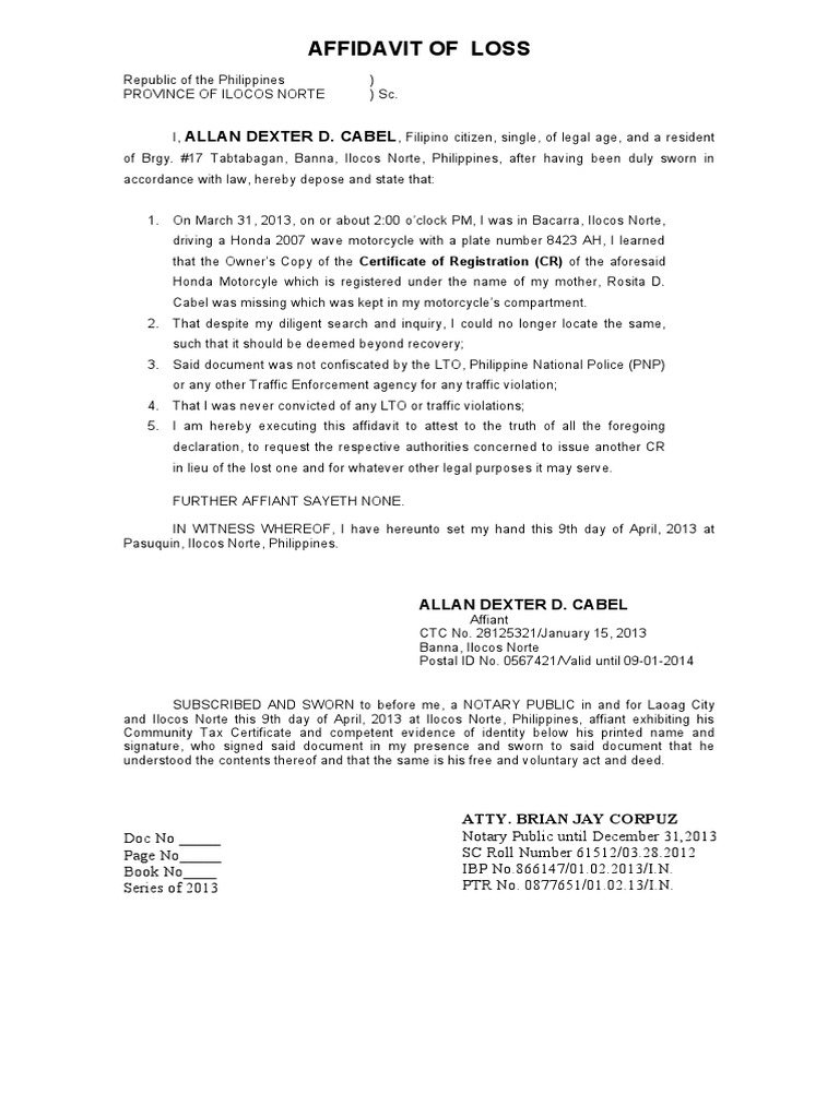 AFFIDAVIT OF LOSs Cabel 3 PDF Affidavit Notary Public