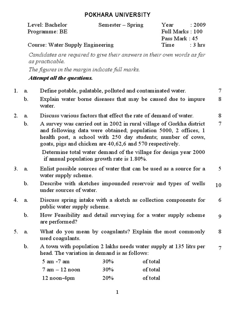 Water Supply Engineering Exam 2009 | PDF | Water Supply | Water