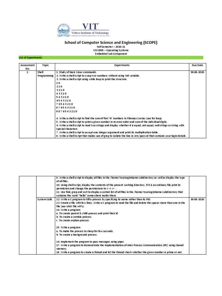 School of Computer Science and Engineering (SCOPE) : List of Experiments  Assessment No. Topic Experiments Due Date | PDF | Scripting Language |  Computer File