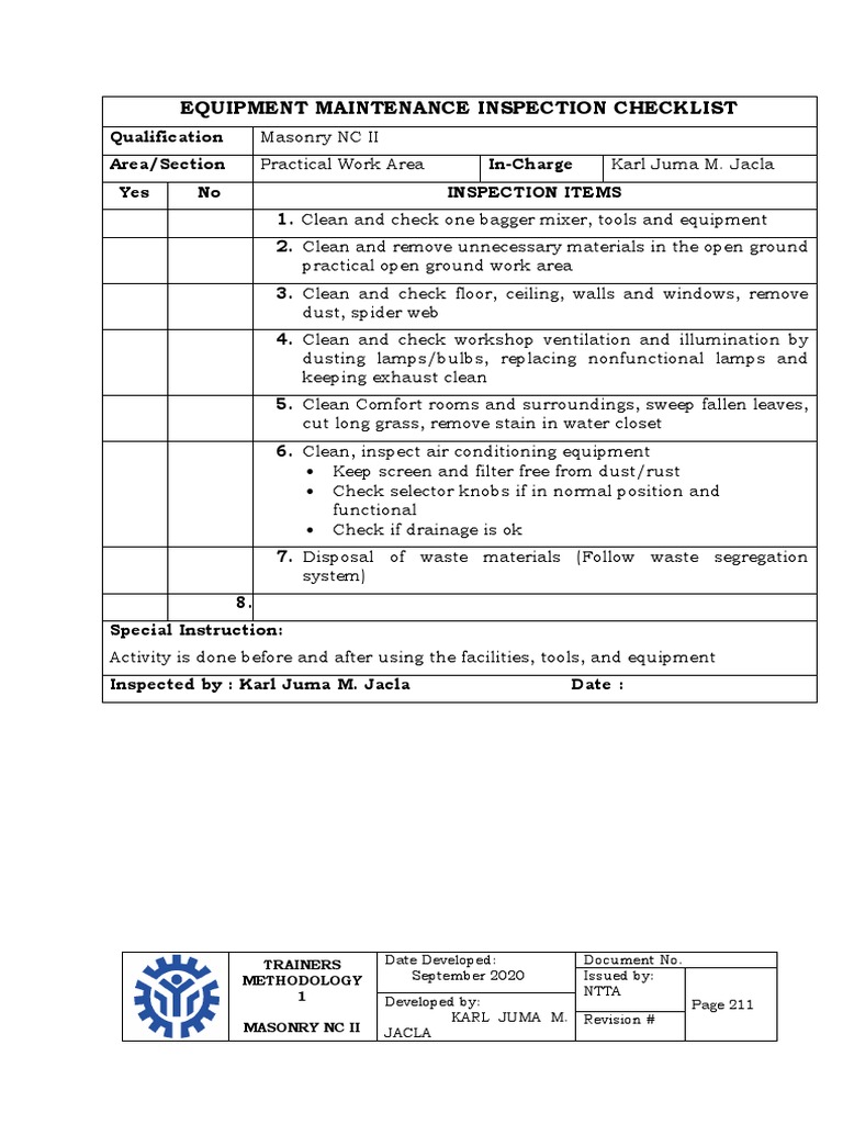 5 EQUIPMENT MAINTENANCE Inspection Checklist PDF