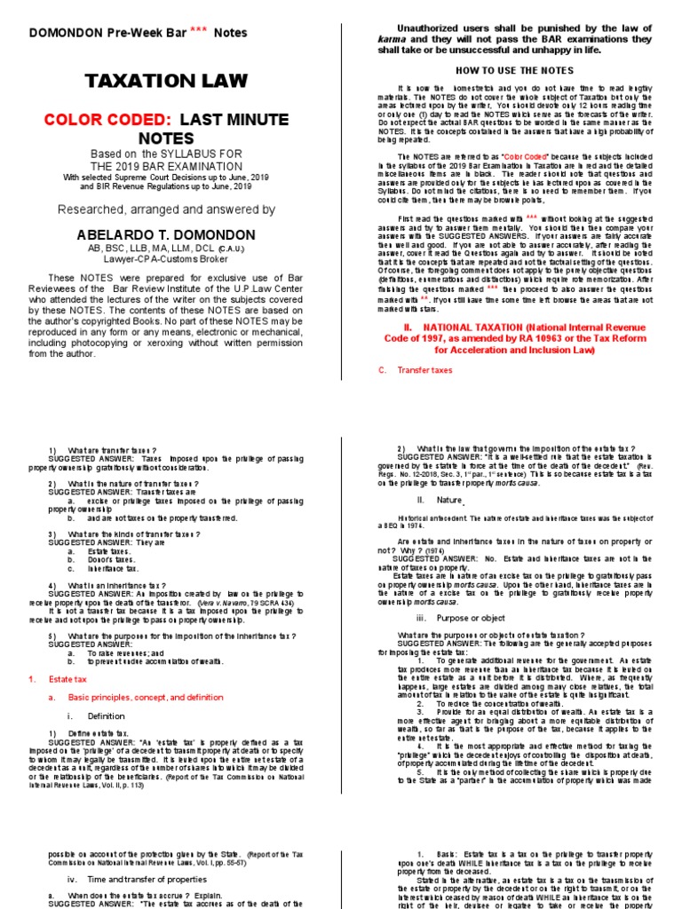 Taxation Law: Last Minute Notes | PDF | Estate Tax In The United States ...
