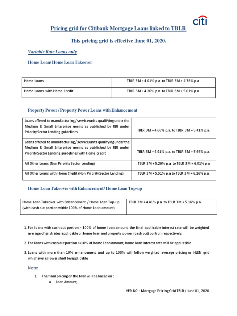 Pricing Grid For Citibank Mortgage Loans Linked To TBLR | PDF ...