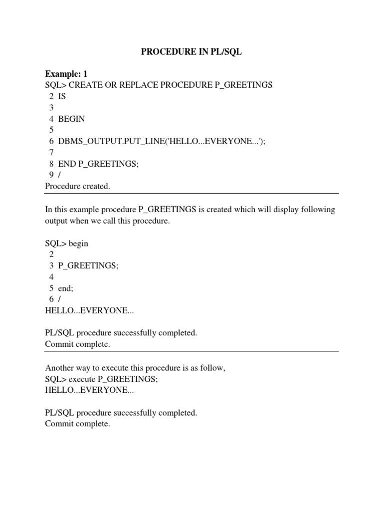 Procedure in PL/SQL Example: 1 | PDF | Parameter (Computer Programming ...