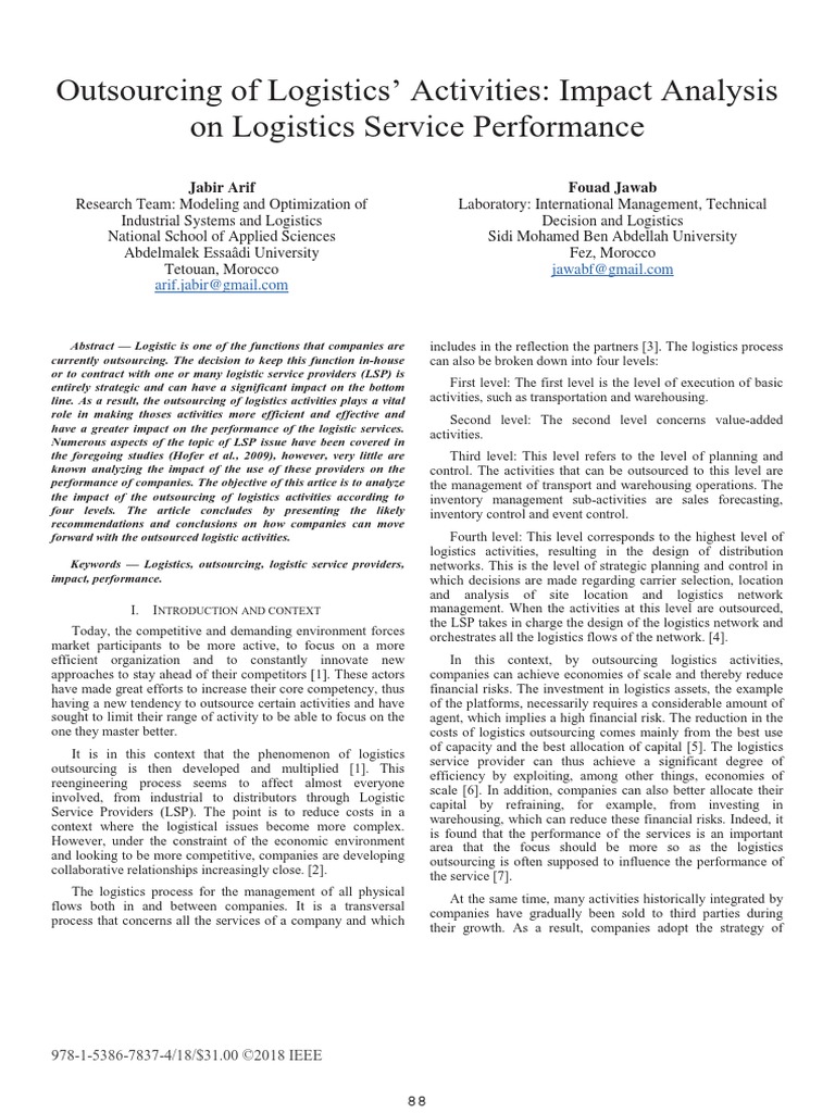 Outsourcing Of Logistics Activities Pdf Logistics Outsourcing