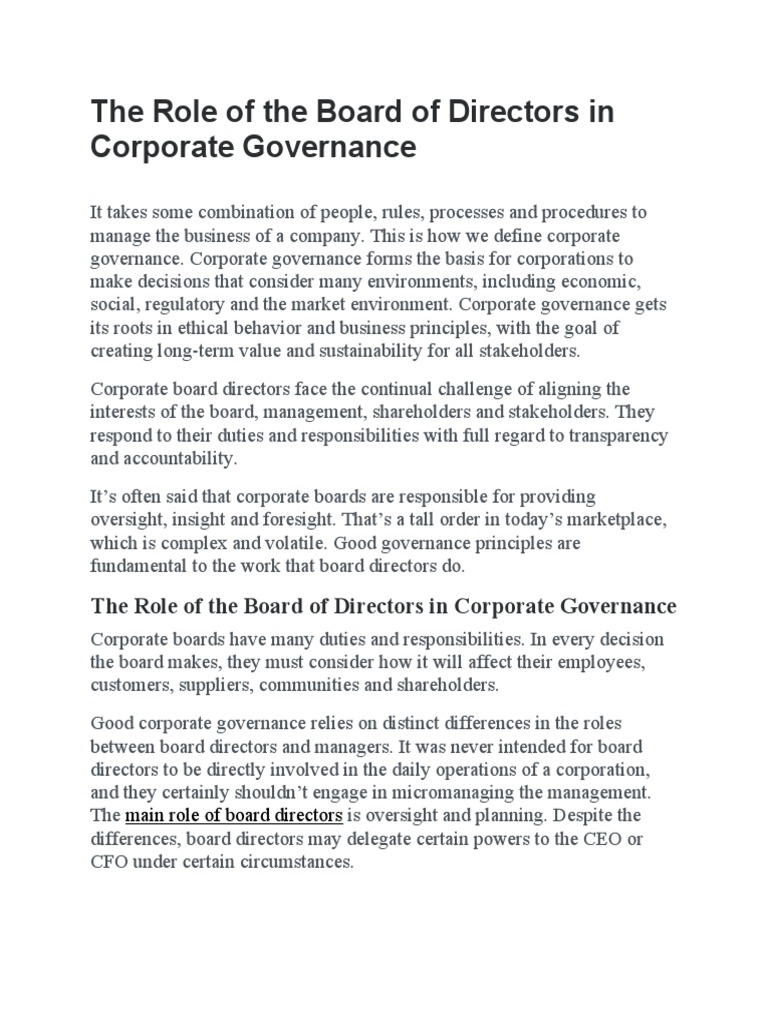 The Role of The Board of Directors in Corporate Governance | PDF