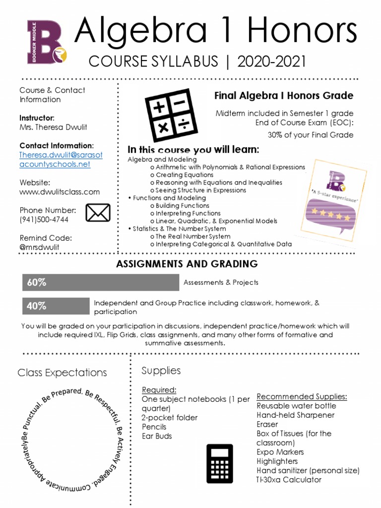 Algebra 1 Honors Course Syllabus 2020-2021 | PDF | Algebra | Homework