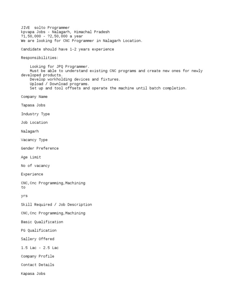 CNC Programmer Job in Nalagarh | PDF