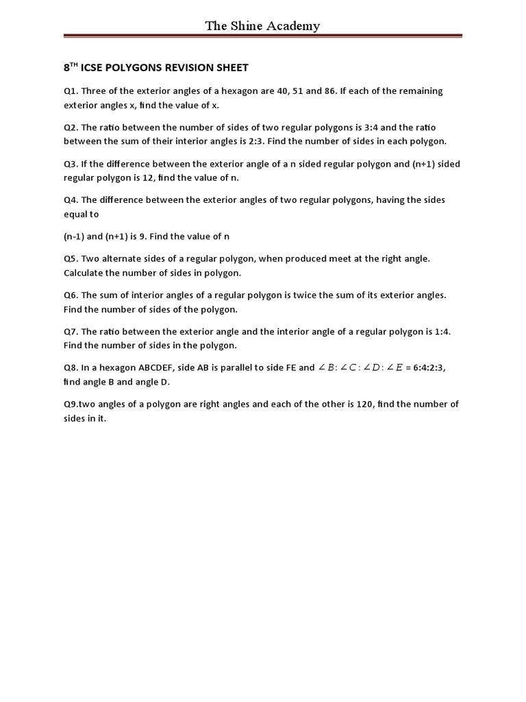 Class 8 Polygons Revision Worksheet | PDF