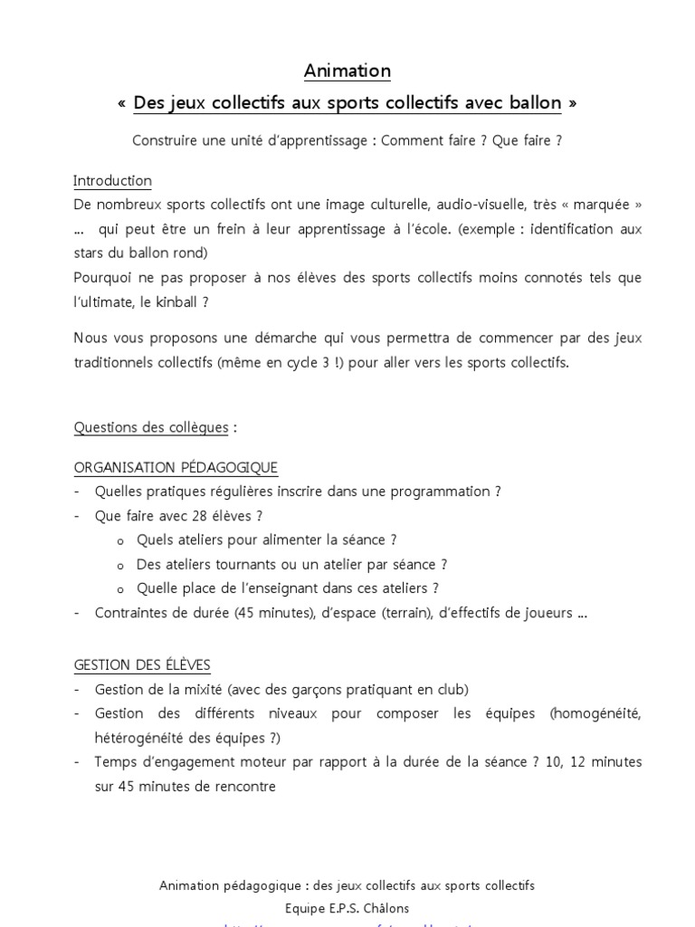 Compte Rendu Animation Des Sports Education Physique