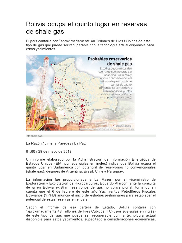 Bolivia Ocupa El Quinto Lugar en Reservas de Shale Gas | PDF | Metanol ...