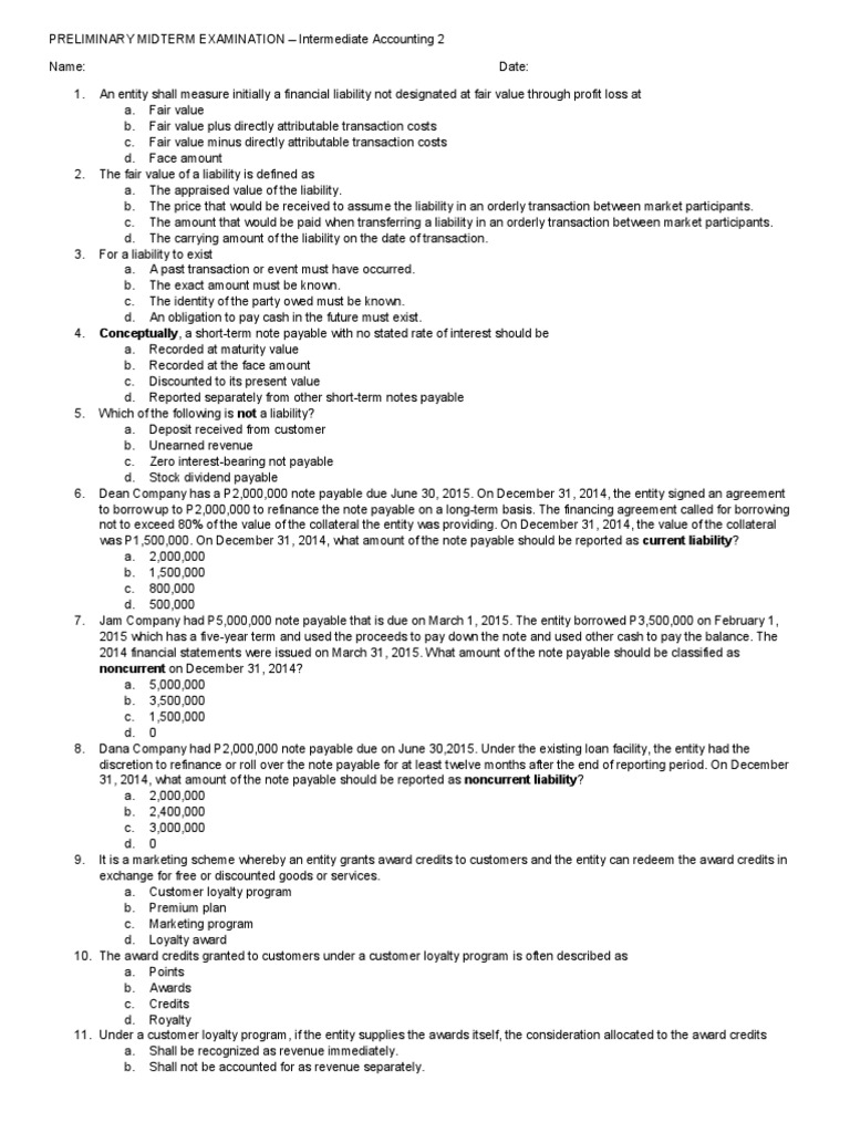 Intermediate Accounting 2 Prelim Exam | PDF | Fair Value | Credit