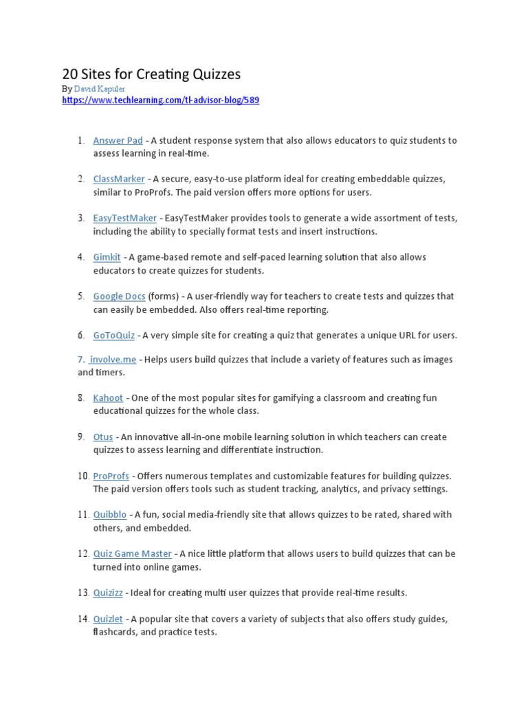 20 Sites For Creating Quizzes: Answer Pad | PDF | Quiz | Worksheet
