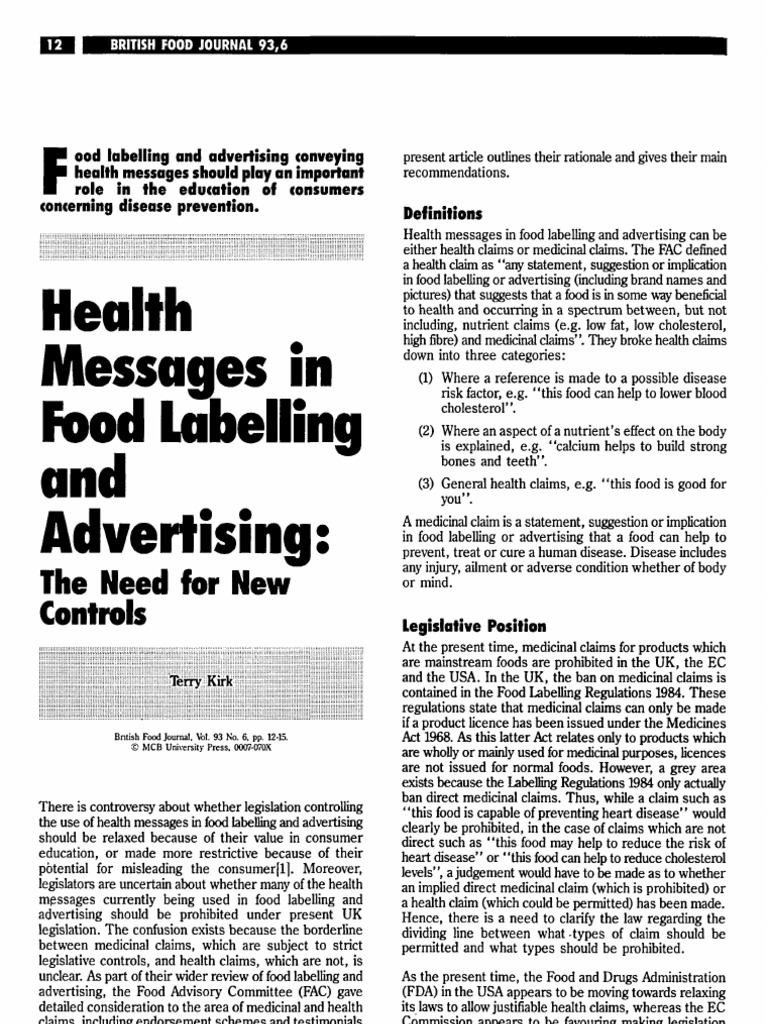 Health Messages in Food Labelling and Advertising:: The Need For New ...
