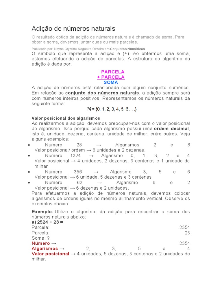 Adição de Números Naturais | PDF | Números | Número natural