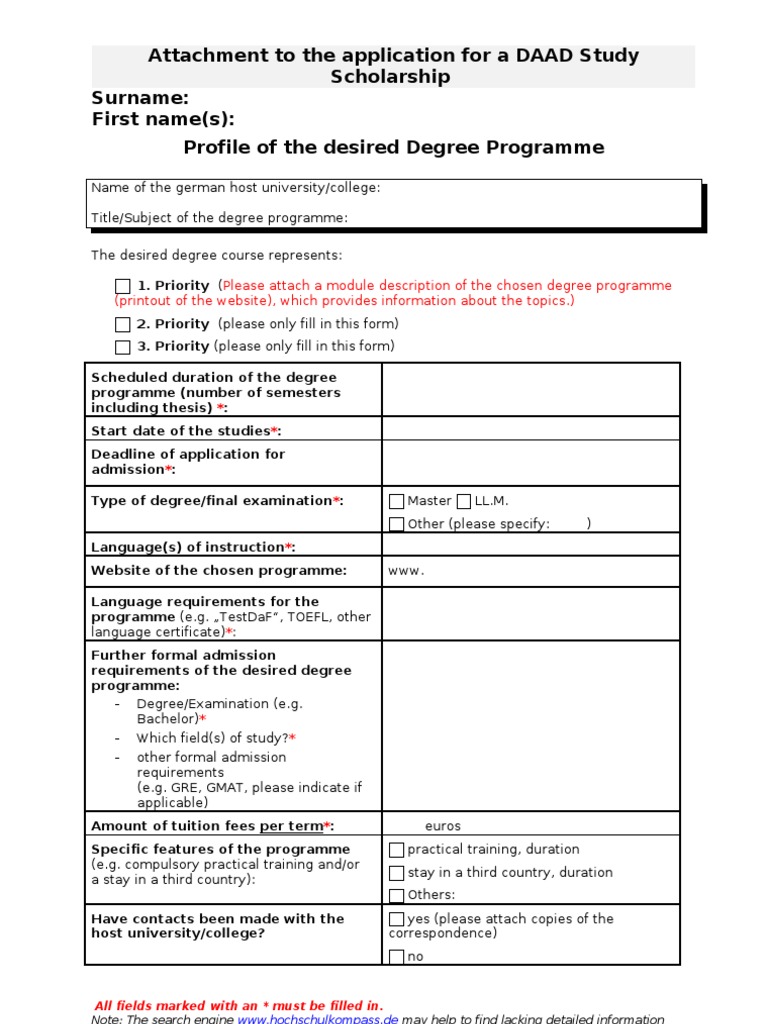 DAAD Scholarship Application Profile Form | PDF | Academic Degree ...