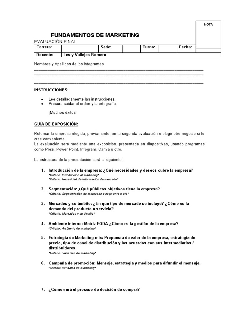 Evaluación Final de Marketing Empresarial | PDF | Crecimiento personal ...