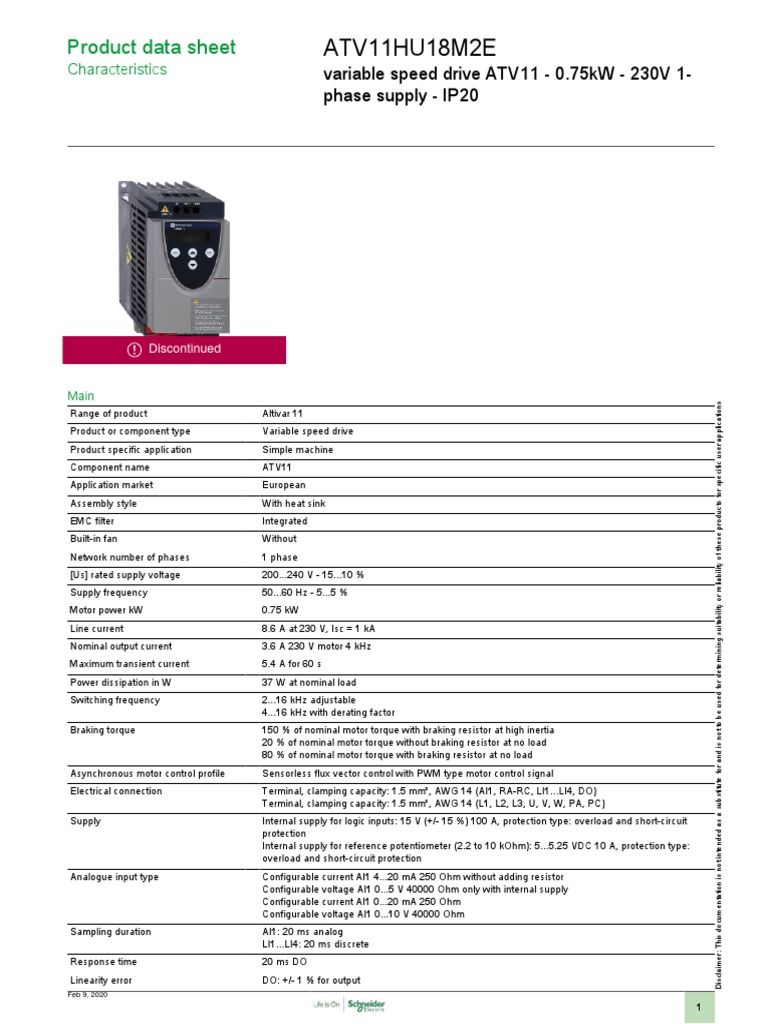 ATV11HU18M2E Variable Speed Drive Data | PDF | Electric Motor ...