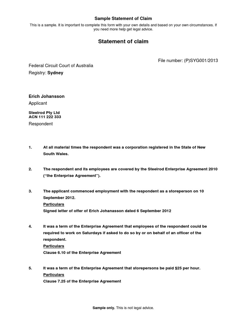 Sample Statement of Claim (FCC) PDF | PDF | Lawyer | Virtue