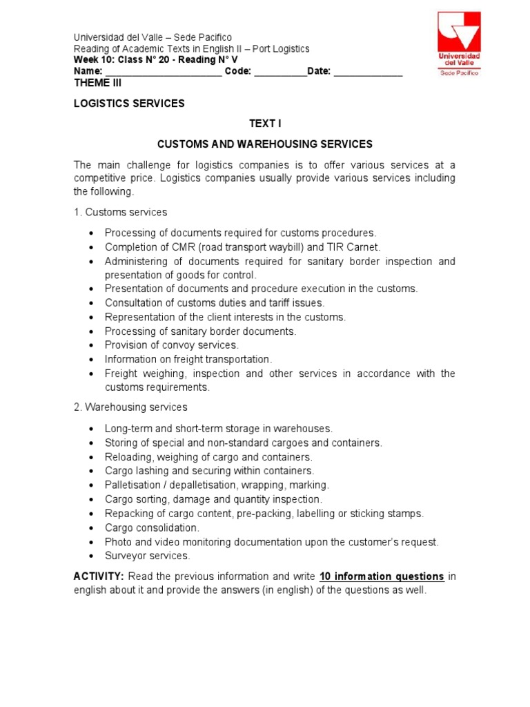 Reading V - Customs and Warehouse Services | PDF | Cargo | Logistics