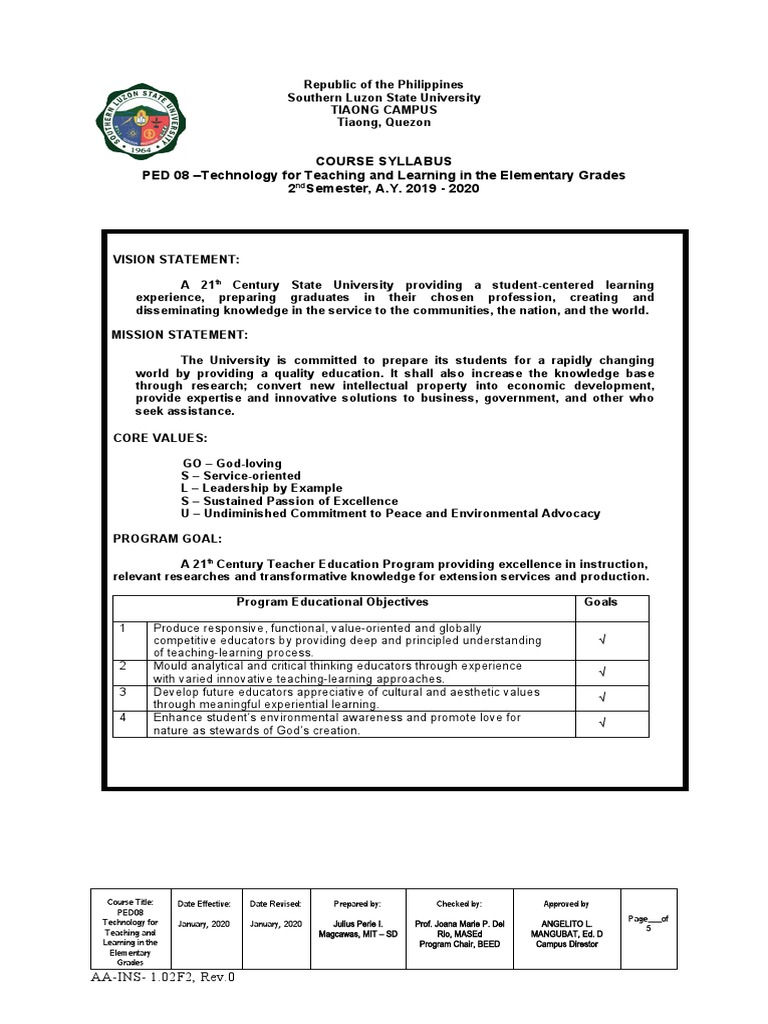 Course Syllabus PED 08 Technology For Teaching and Learning in The