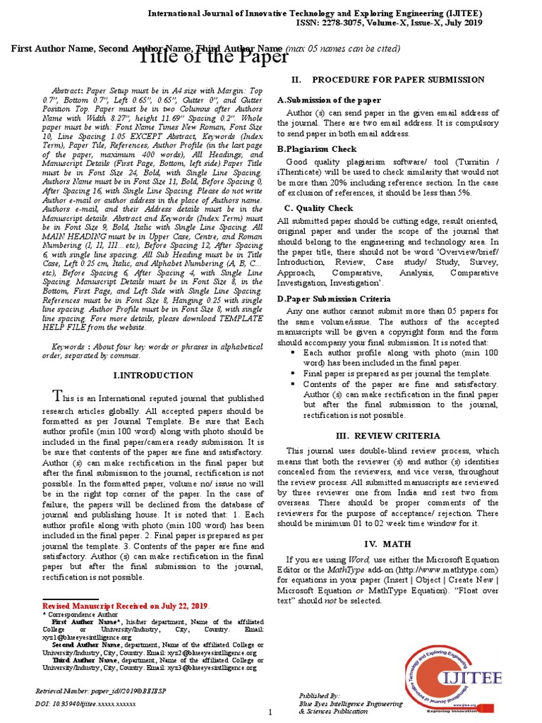 IJITEE Paper Submission Guidelines | PDF | Bracket | Note (Typography)