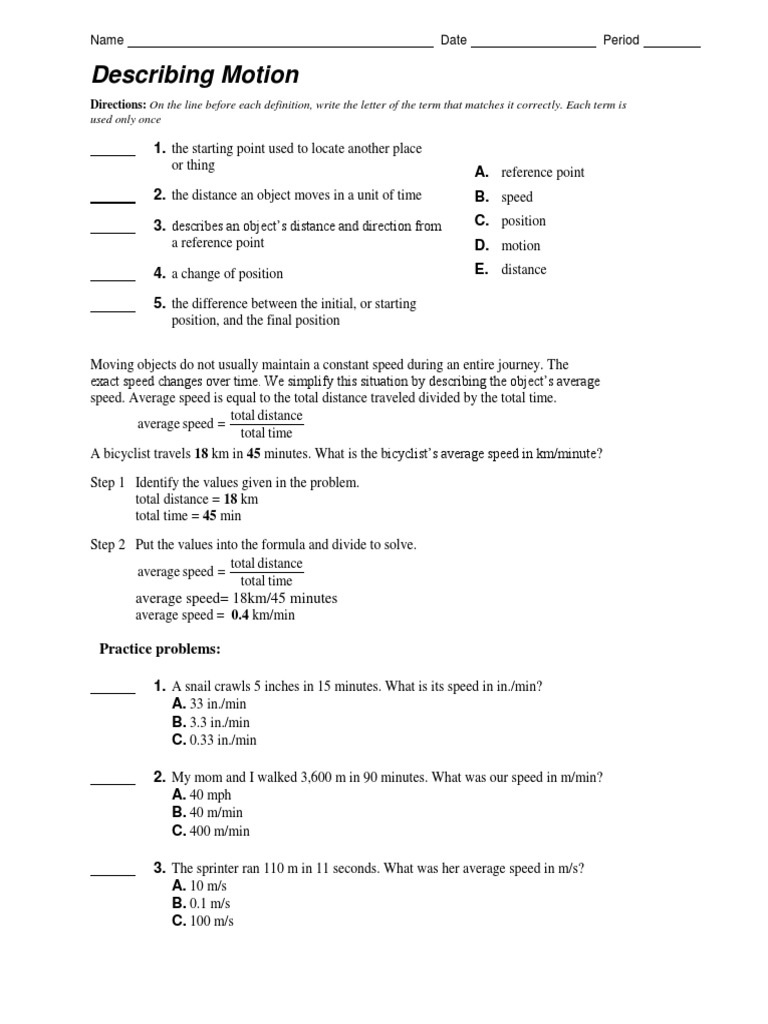 Describing Motion Worksheet PDF PDF Speed Distance
