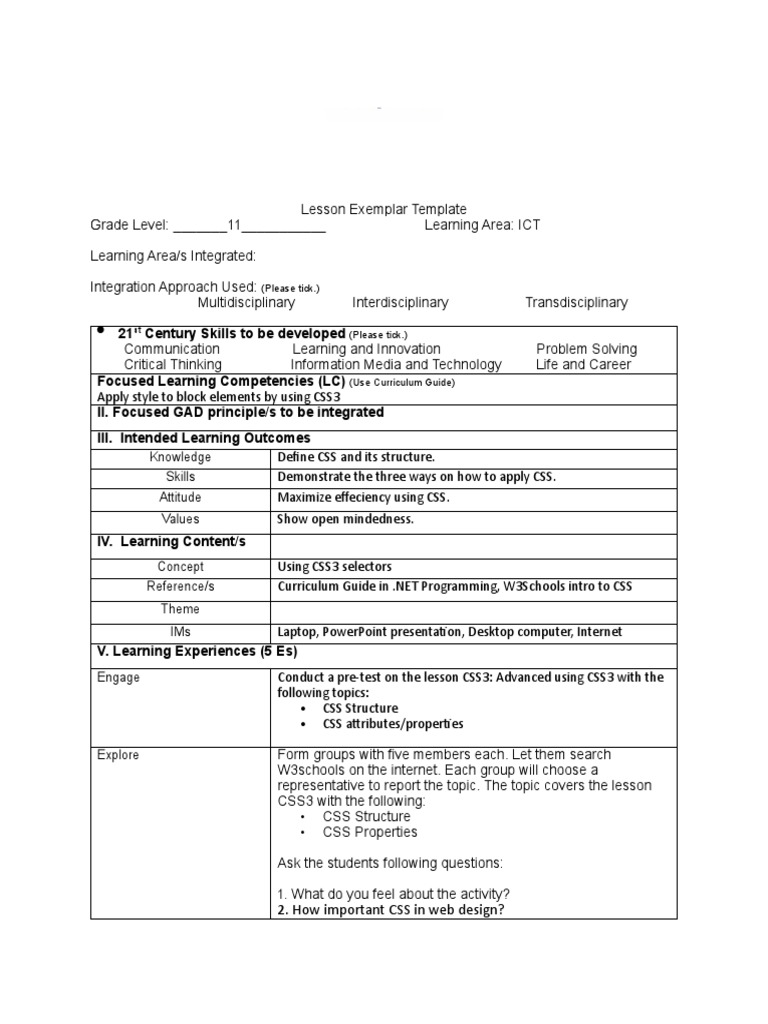 Lesson Exemplar Blank Template PDF Cascading Style Sheets Learning