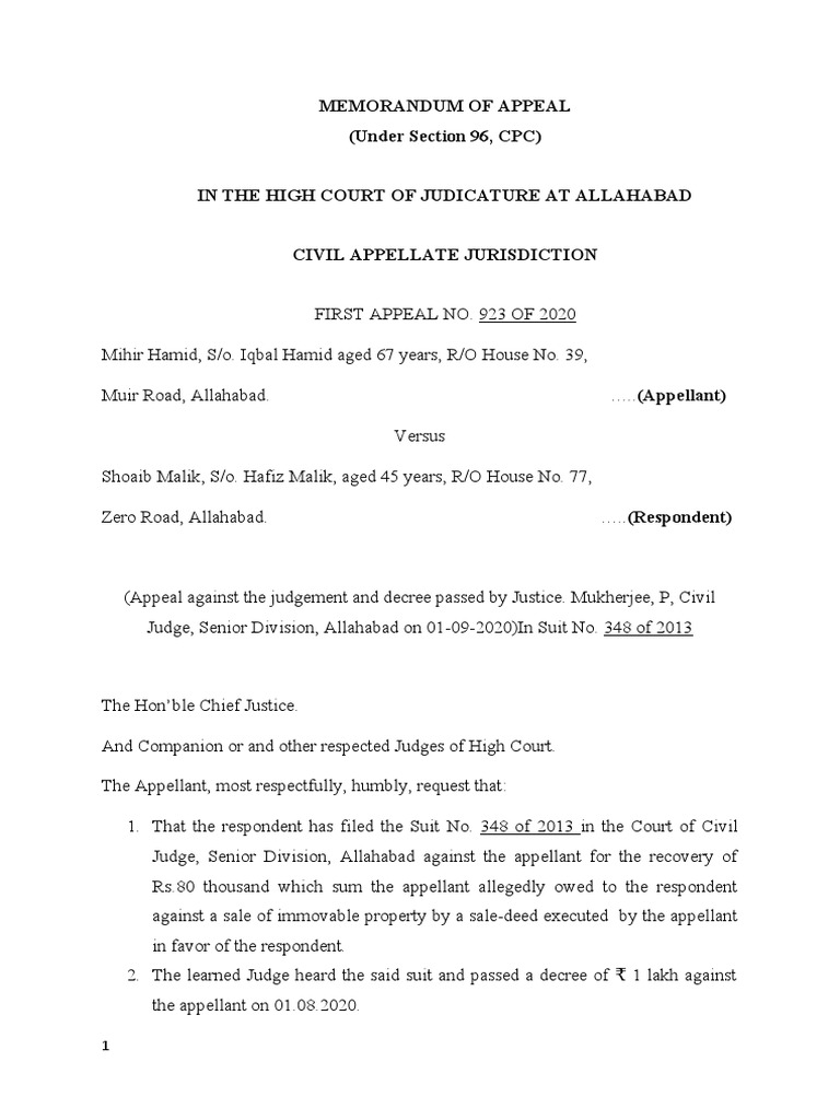 Memorandum of Appeal (Under Section 96, CPC) PDF Judgment (Law