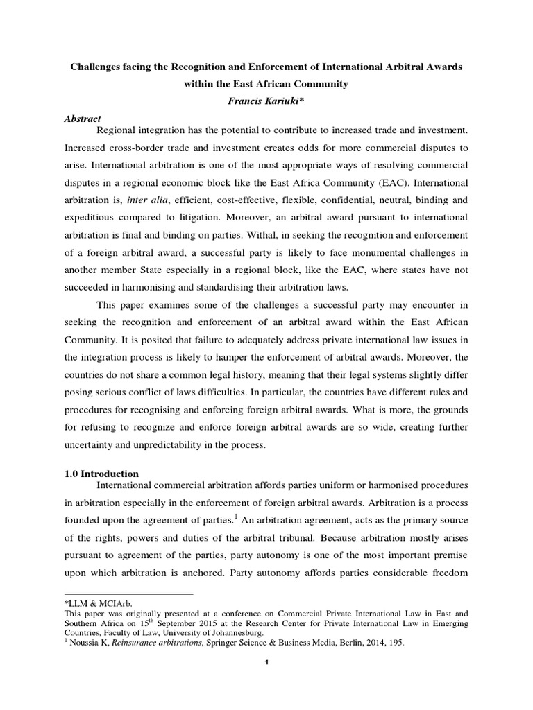 Challenges in Enforcing Arbitral Awards EAC | PDF | Arbitration ...