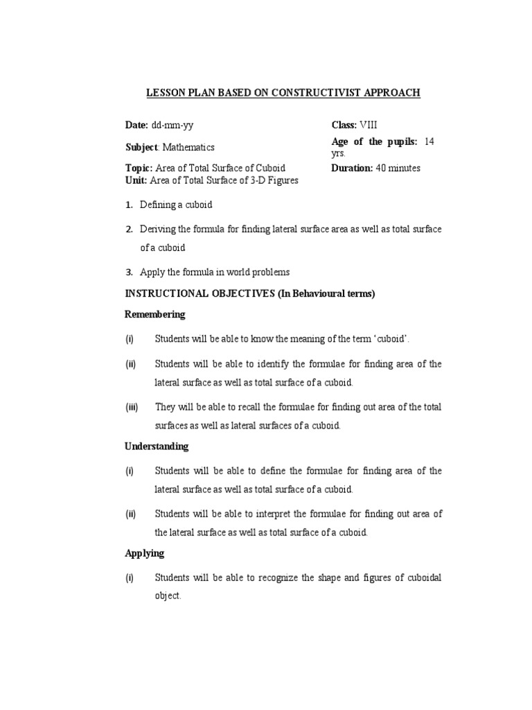 Constructivist Lesson Plan Maths Pdf Area Length