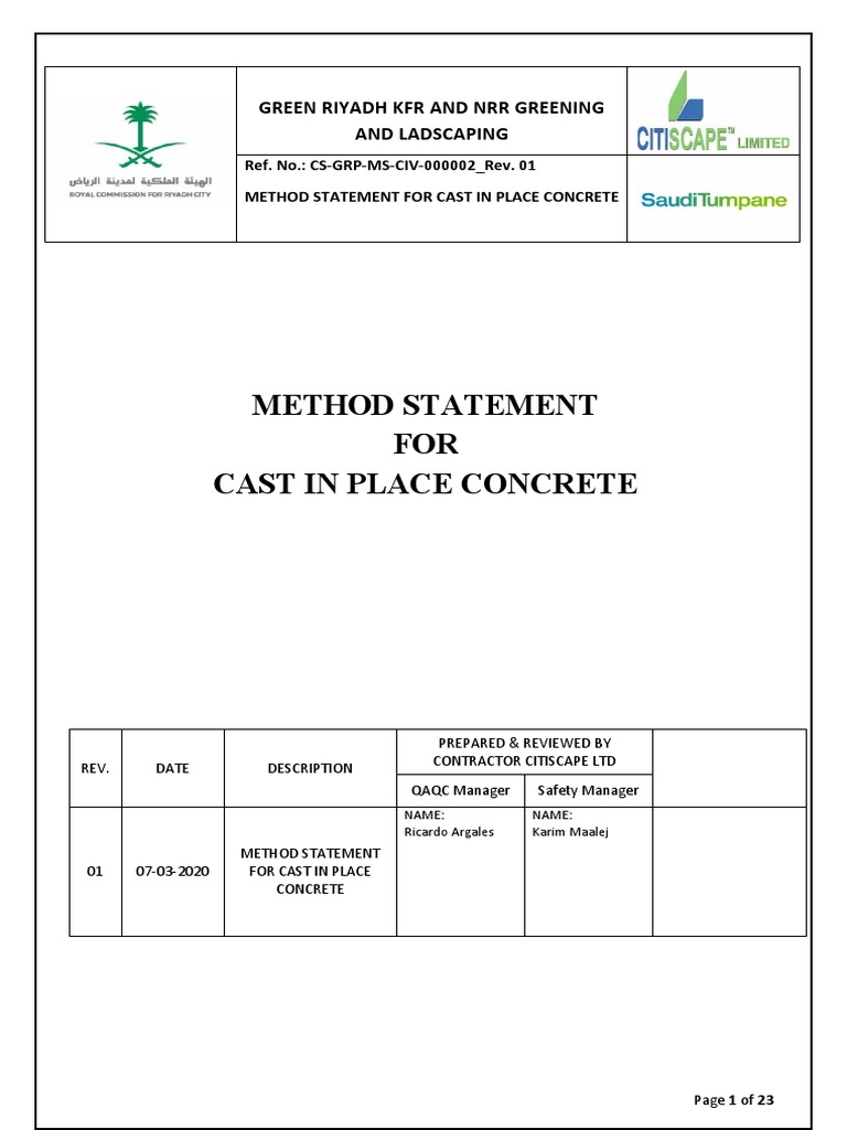 Cast in Place Concrete Method Statement | PDF | Concrete | Cement