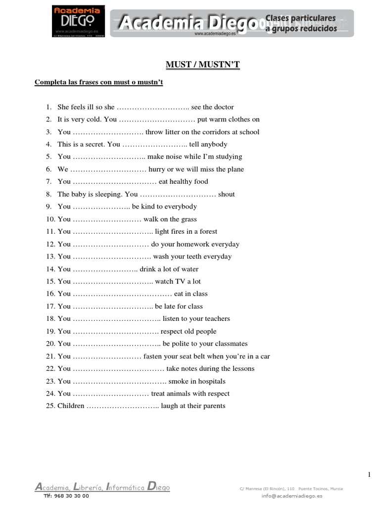 Must and Mustn't Usage Exercises | PDF