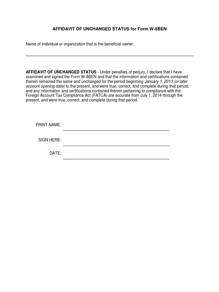 Affidavit of Unchanged Status For Form W-8Ben | PDF