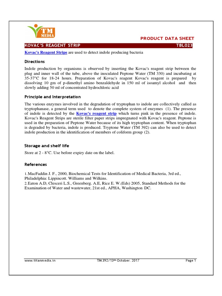 Indole Detection with Kovac's Strips | PDF
