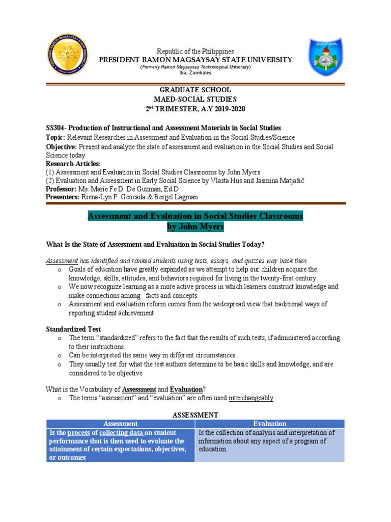 Assessment and Evaluation in Social Studies Classrooms by John Myers