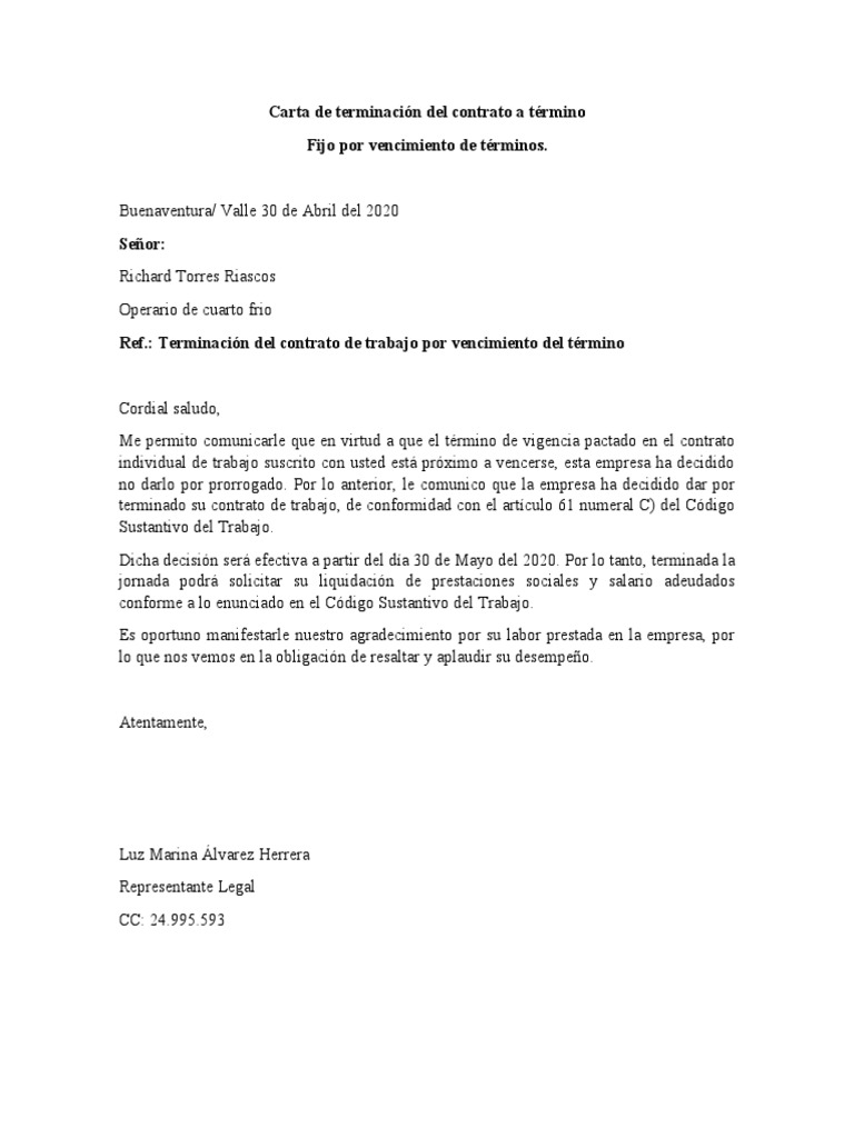 Carta Preaviso De Terminación Del Contrato Pdf