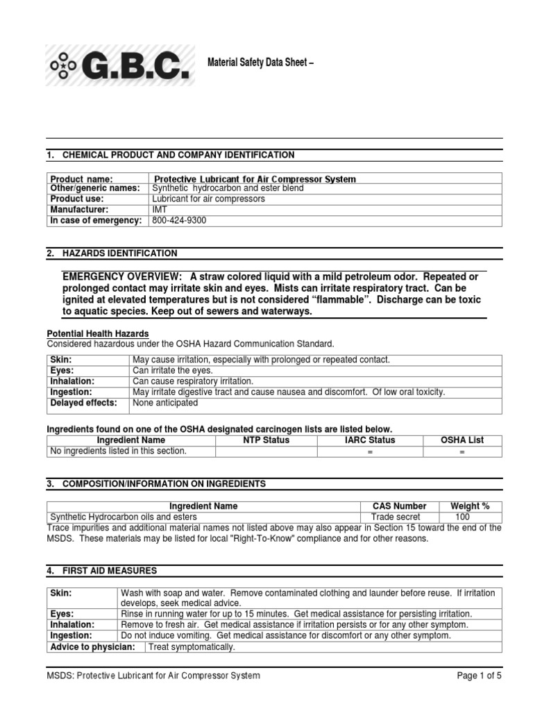 Air Compressor Lubricant MSDS | PDF | Toxicity | Firefighting