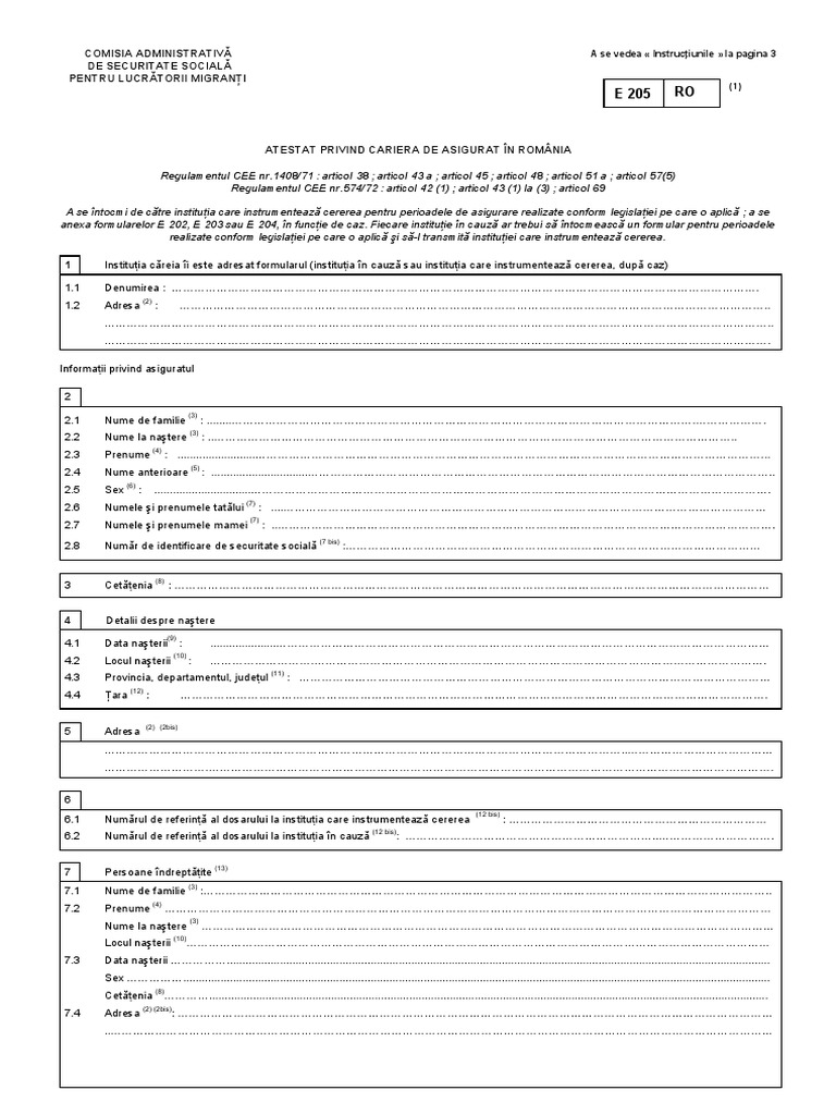 Formular E 205 RO - Atestat Privind Cariera de Asigurat in Romania | PDF