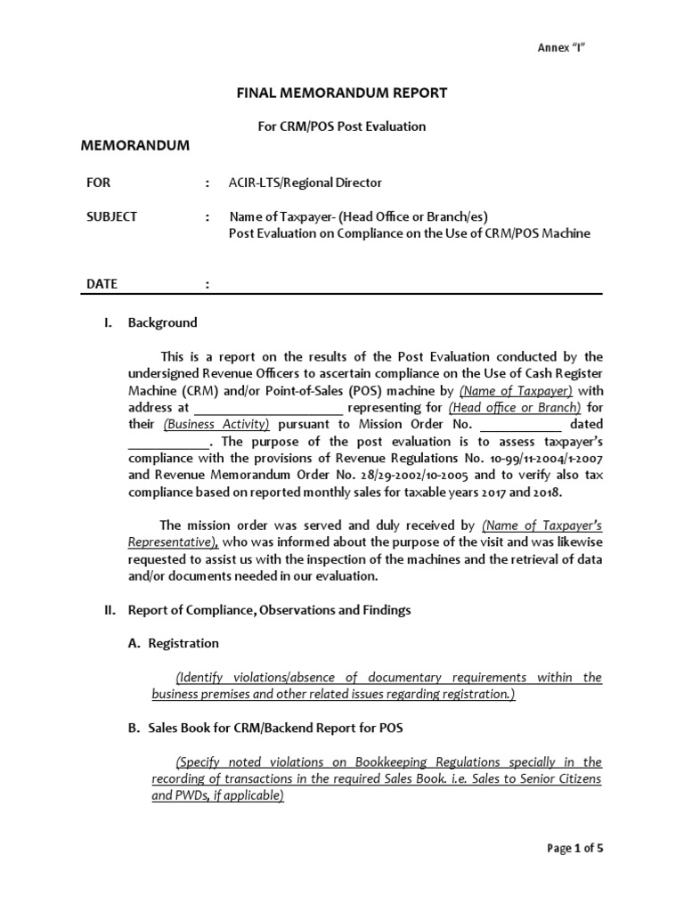 Annex I - Final Memorandum Report | PDF | Point Of Sale | Government ...