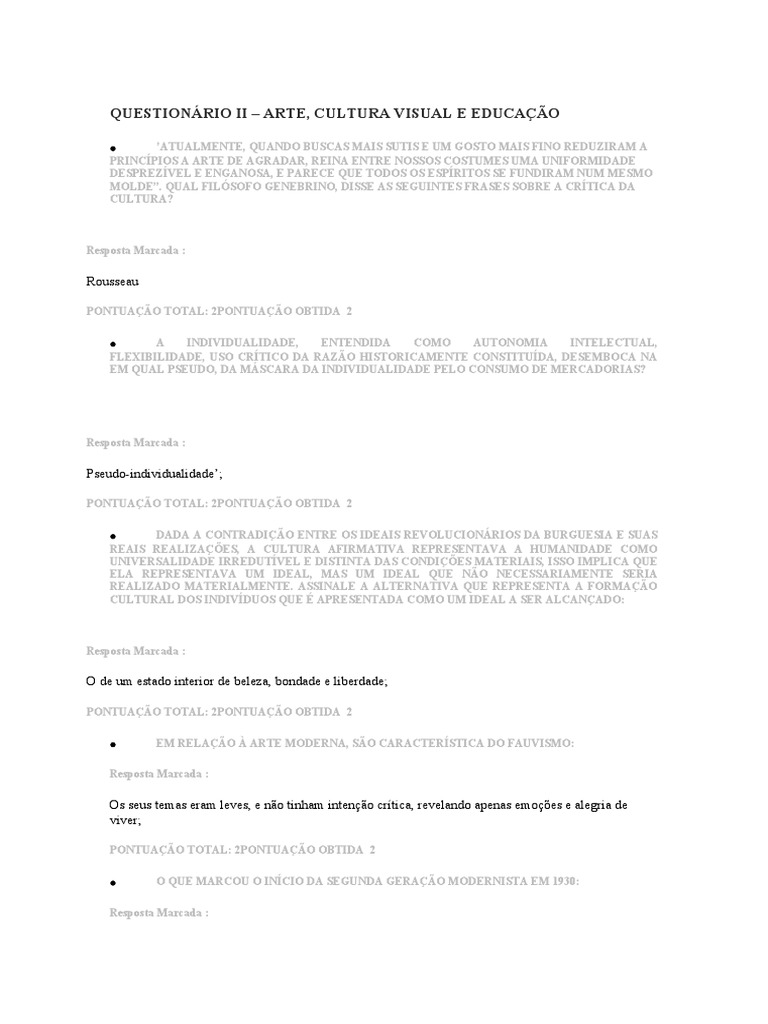 Questionário sobre arte, cultura visual e educação no século XX | PDF ...