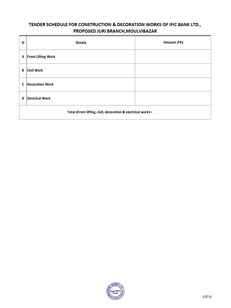 IFIC Bank Juri Branch Tender Schedule | PDF | Door | Wire