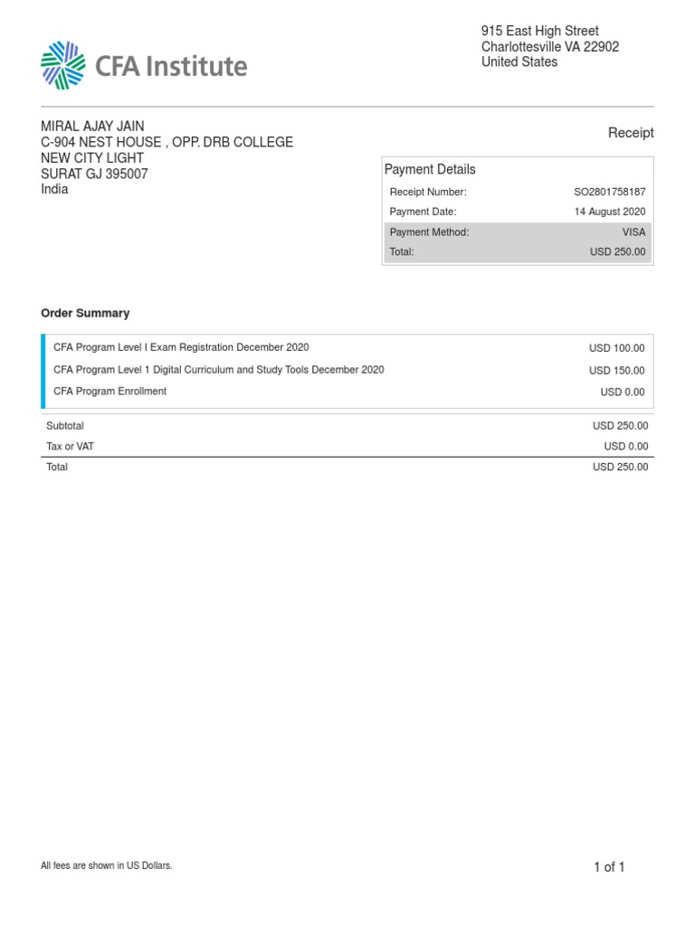 CFA Level I Exam Registration Receipt | PDF