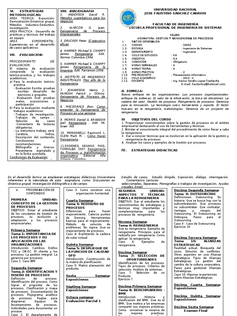 Sílabo Gestion y Reingeniera de Procesos | PDF | Outsourcing | Teoría de  sistemas