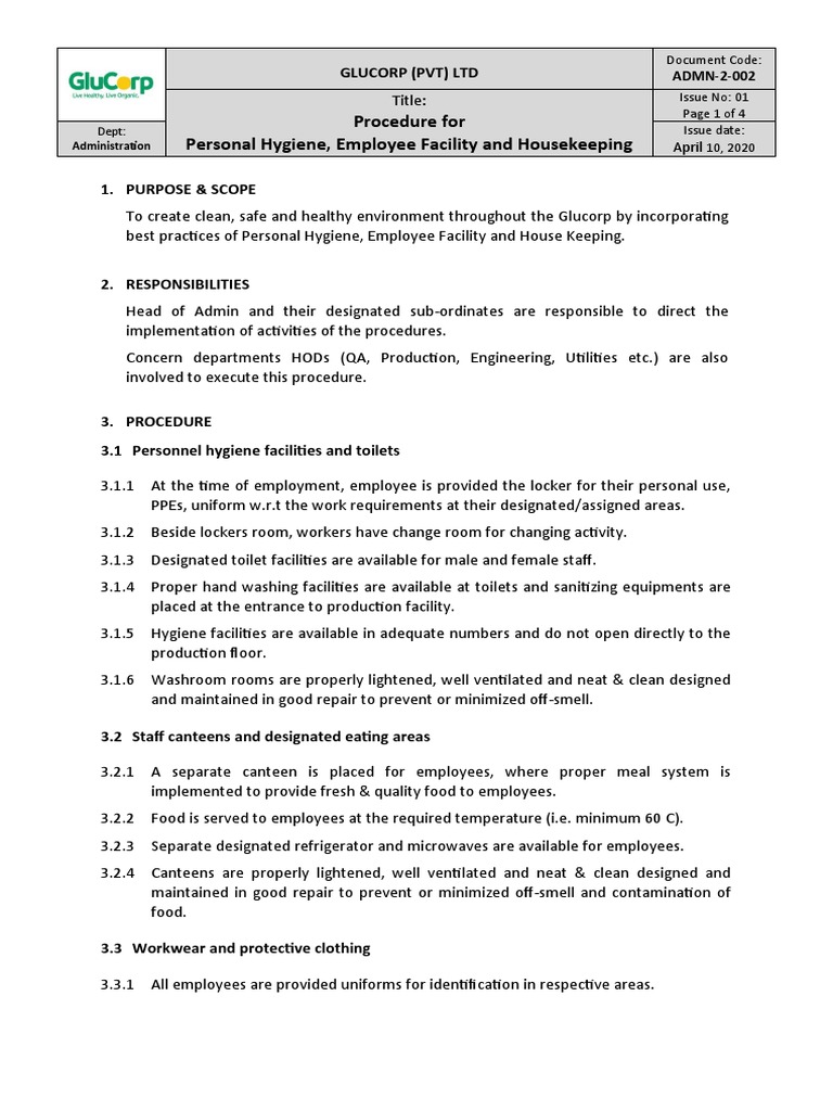 Hygiene and Housekeeping Procedures | PDF | Hygiene | Personal ...
