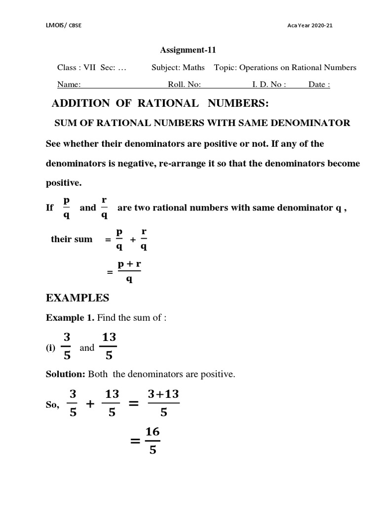 Operations on Rational Numbers for Grade 7 | PDF | Fraction ...