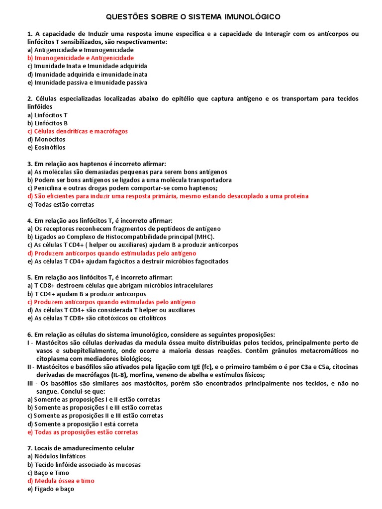 Questões Sobre o Sistema Imunológico | PDF | Sistema imunológico | Célula T